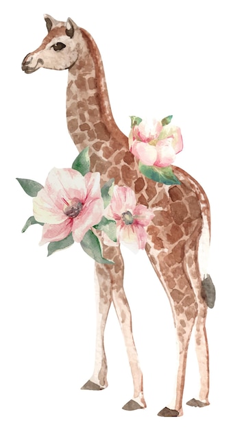 Giraffe watercolor vector with flowers cute animal