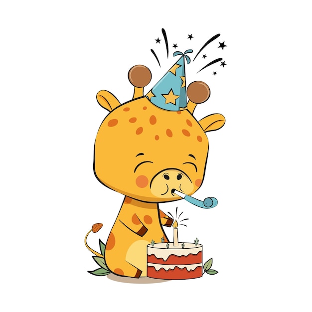 A giraffe with a party hat blowing out a birthday cake.