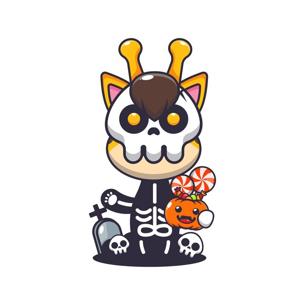 Vector giraffe with skeleton costume holding halloween pumpkin