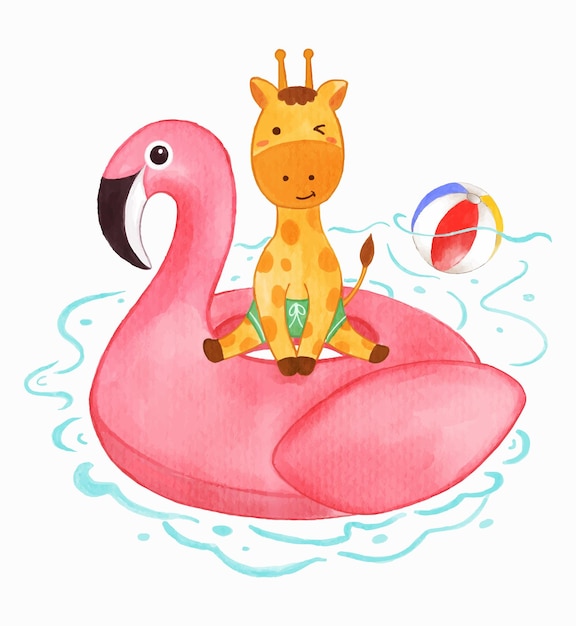 Giraffe zit op opblaasbare zwemring in de vorm van een flamingo op water in het zwembad Realistische aquarelverf met papiertextuur Cartoon character design Vector