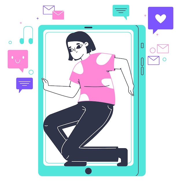 Girl addicted to smartphone Gadgets social media addiction woman stuck in mobile phone screen flat vector illustration on white background