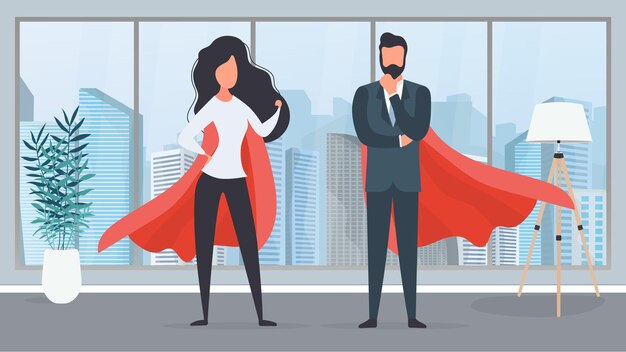 赤いレインコートを着た女の子と男。女性と男性のスーパーヒーロー。成功した人、ビジネスまたは家族の概念。ベクター。
