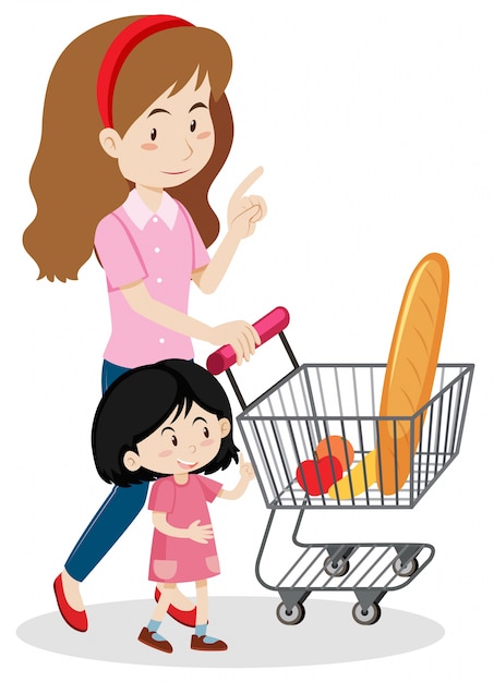 Вектор Девочка и мать покупают продукты