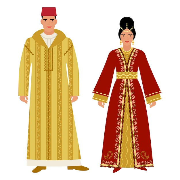 Девушка и молодой человек в марокканском народном костюме изолированы на белом фоне
