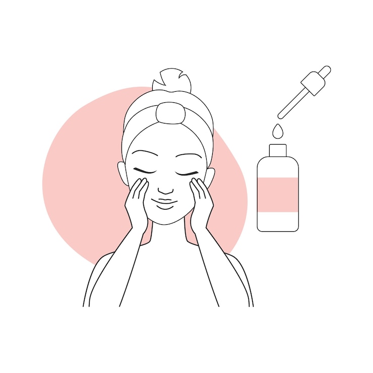 Vector girl applying serum from bottle with pink label and dropper for skin care line icon