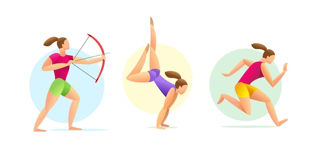 Girl archer, gymnast, runner. gymnastics, archery, sports running. vector illustration