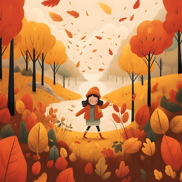 Girl in autumn forest flat illustration High quality