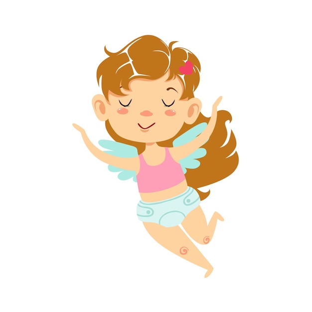 Девочка ребенок купидон летающий крылатый малыш в подгузнике очаровательны символ любви мультипликационный персонаж