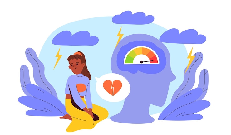 Vector girl in bad mood kid suffer from emotional pain negative feelings and emotions child with mental