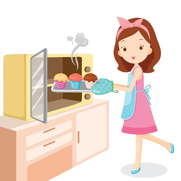 Vector girl baking cupcake with the oven in kitchen