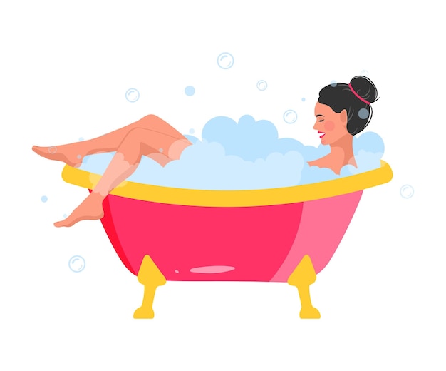 Girl in bath make beauty routine procedures, flat  illustration