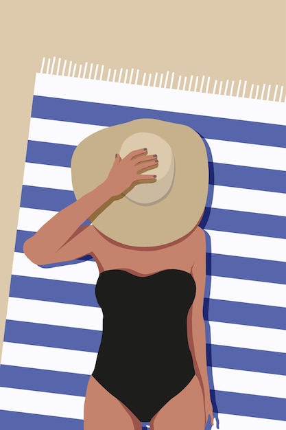 A girl in a bathing suit is sunbathing on the beach A girl in a black bathing suit and a hat is sunbathing on a striped bedspread