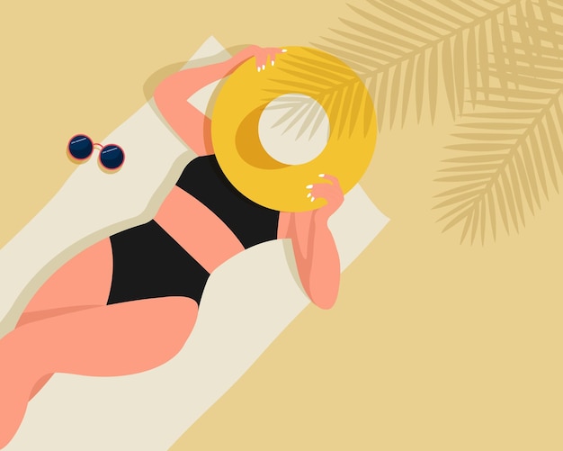 Girl on the beach in black swimsuit and yellow hat lying and sunbathing summer sea tourism