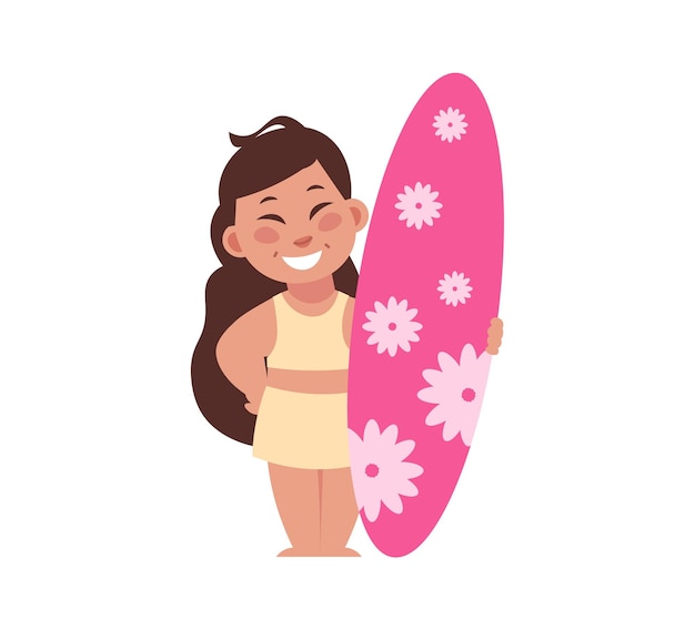 Girl at beach Cartoon woman standing with surf Happy smiling teenager holding surfboard Cute female in summer casual clothes Vector extreme sport and active vacation by seashore