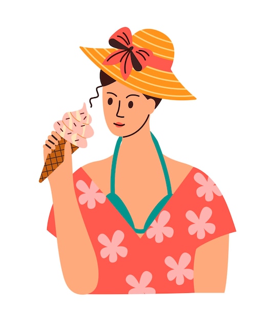 Vector girl in beach clothes eats ice cream ice cream with sprinkles and chocolate in a waffle cup