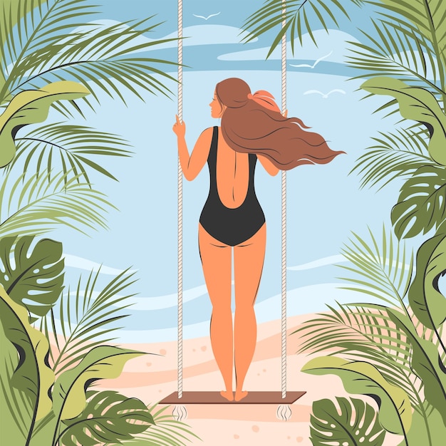 Girl on the beach is worth on a swing among tropical plants Travelling summer vacation