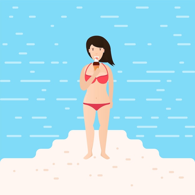 Vettore ragazza sulla spiaggia con gelato illustrazione vettoriale estiva