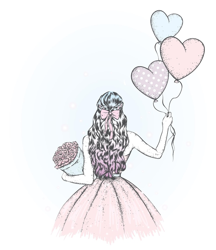 Vector girl in a beautiful dress and balloons hearts