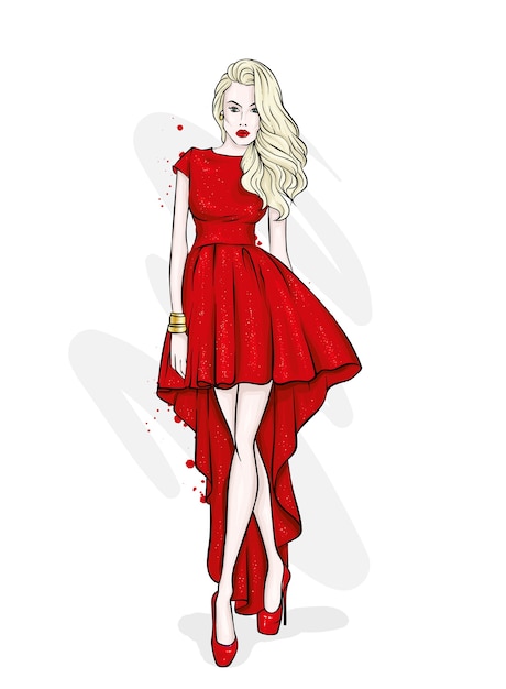 Vector girl in a beautiful evening dress. fashion illustration.