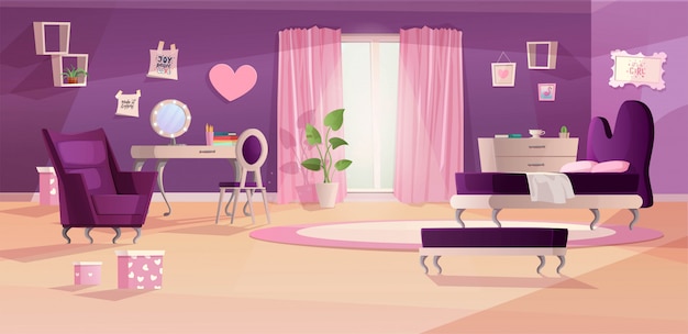 Vector girl bedroom interior in pink and violet colors.   cartoon teenager room classic style, with bed, window, sofa, plant spot and pictures on wall.