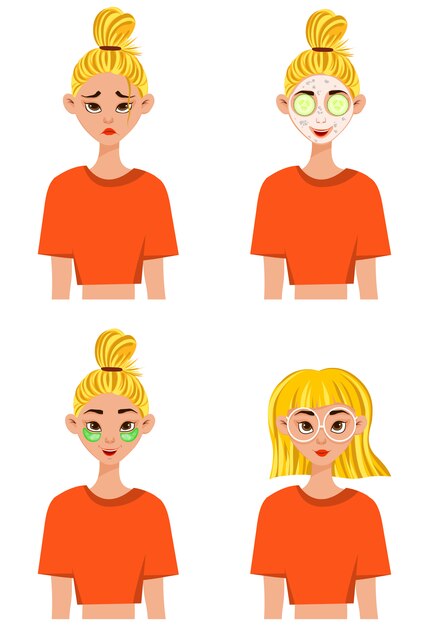 Vector girl before and after applying a beauty mask