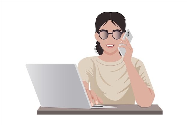 A girl in a beige blouse is talking on the phone while sitting at a laptop Style  a face faceless