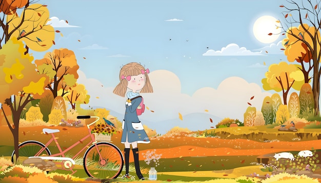 girl and bicycle in a beautiful autumn landscape