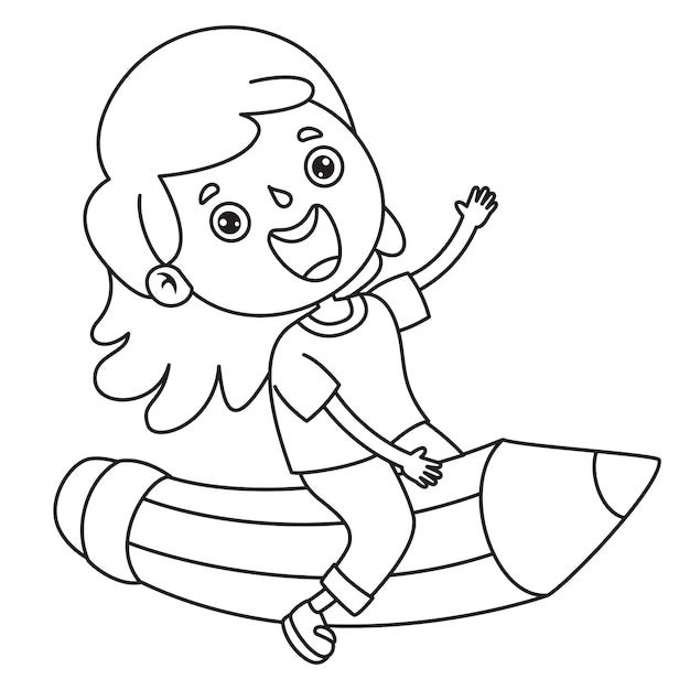 girl on big pencil, Line Art Drawing For Kids Coloring Page