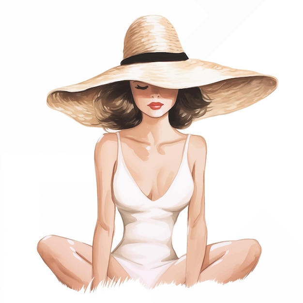 Vector a girl in a big straw hat