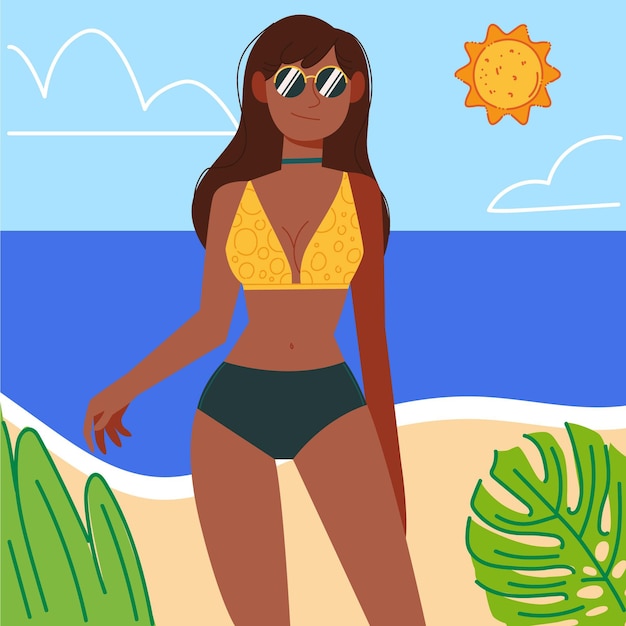 Ragazza in bikini sulla spiaggia illustrazione