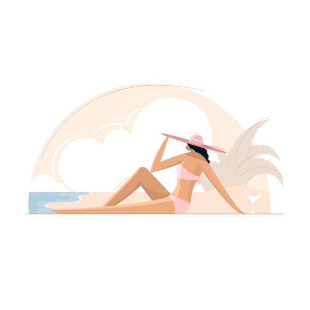 Girl in bikini and hat resting on the beach, summer concept