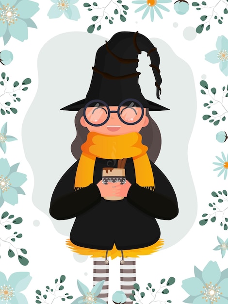 Girl in black suit and hat holding a cup with hot drink. Cute witch with mulled wine. Halloween concept. Vector.