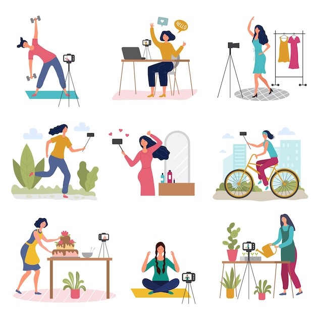 Vector girl blogging female broadcasting production beauty blog recording video in self studio recent vector illustrations in flat style
