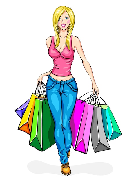 Girl blonde, carries a lot of shopping bags, shopping. Vector illustration