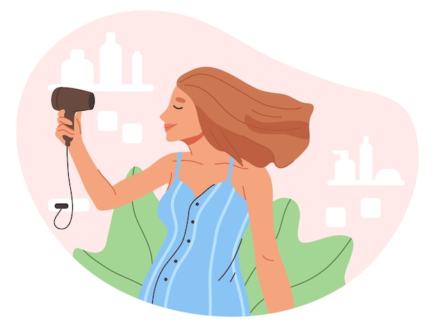 Girl blowdrying hair using blow dryer cartoon woman hair care routine flat vector illustration