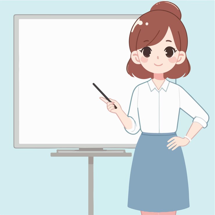 Vector 青いドレスを着た女の子が白い板の前でペンを握っている