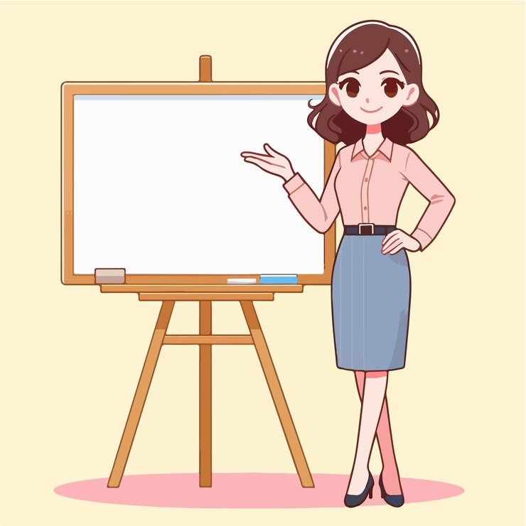 青いドレスを着た女の子が白い板の前でペンを握っている