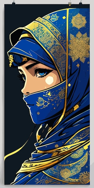 A girl in a blue hijab with gold and blue eyes.