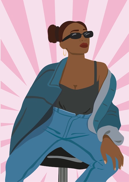 Vector girl in blue jeans and a pink background