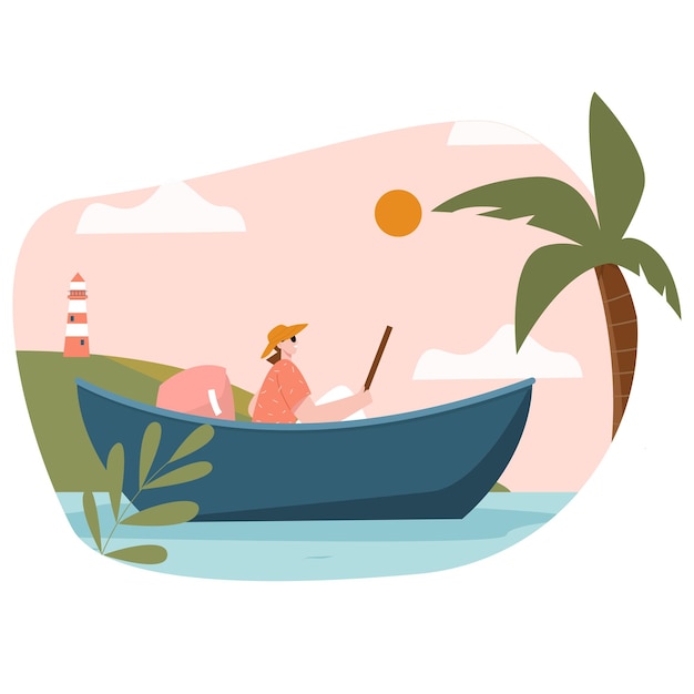 girl at boat flat illustration