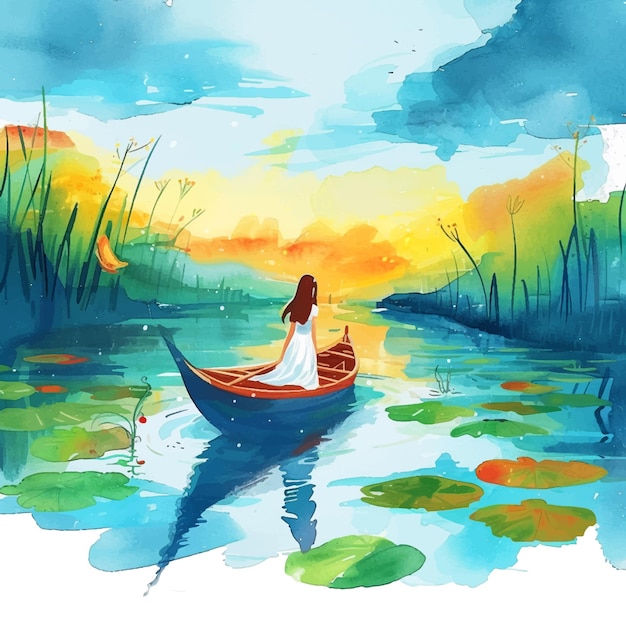 Girl boating on the lake watercolor paint