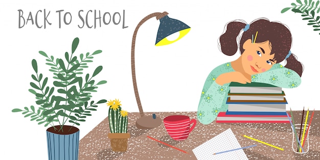 Vector girl, books, notebook, flowers and desk lamp on a table