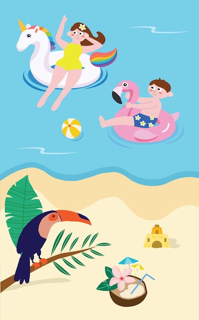 A girl and a boy are playing in a flamingo float in the water