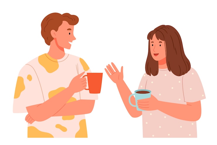 Vector a girl and a boy are talkingcolleaguescaucasian girl and boy talking asking and answering