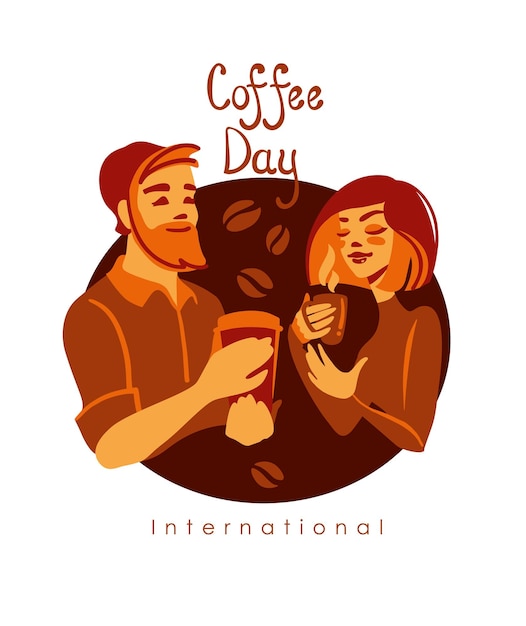 The girl and the boy drink fragrant coffee. Barista. International Coffee day, banner. Vector illust