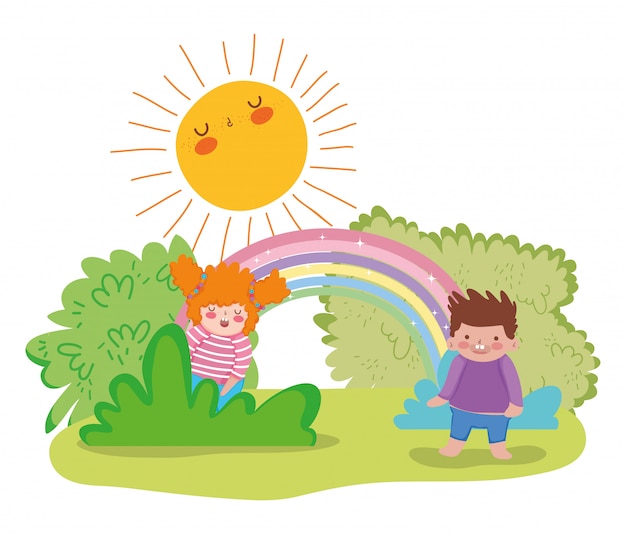 Girl and boy enjoying in the bushes with sun