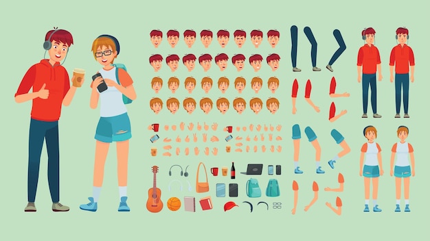 Vector girl boy expressions emotions body parts accessories for animation