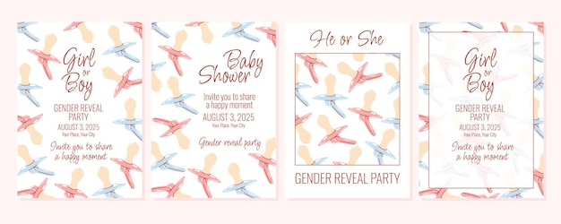 girl or boy invitation gender reveal party blue and pink baby pacifier background and pattern
