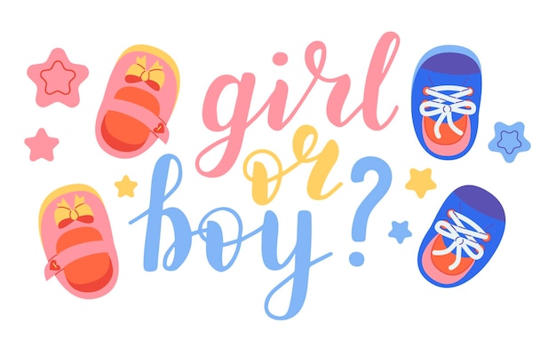 Girl or boy lettering written with elegant calligraphic font and decorated with booties dummy Gender party concept