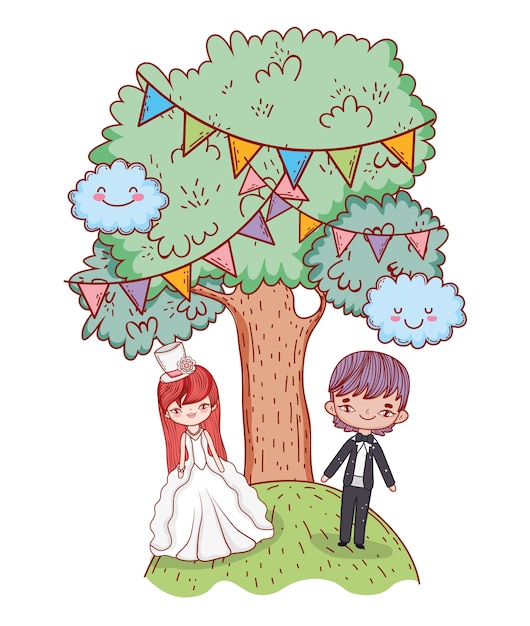 Girl and boy marriage with kawaii clouds and trees